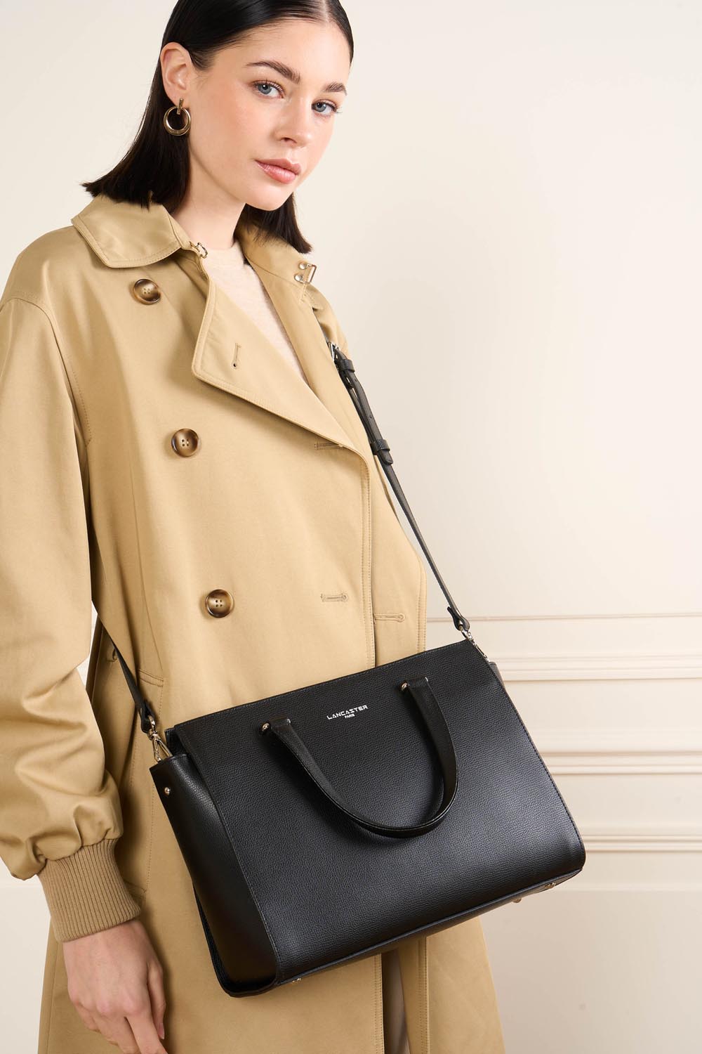 Grand Sac à Main Lancaster Vintage - Toile Et Cuir - Noir - Occasion