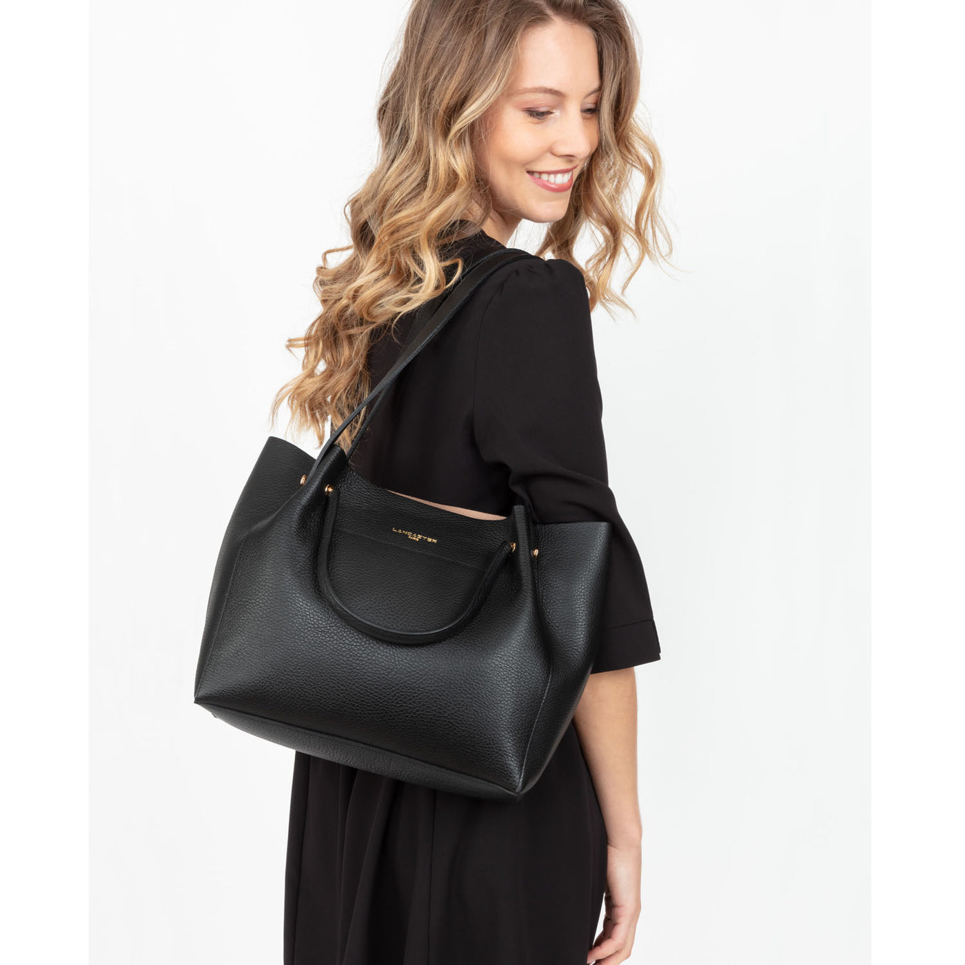 sac cabas épaule - foulonné double #couleur_noir-in-nude