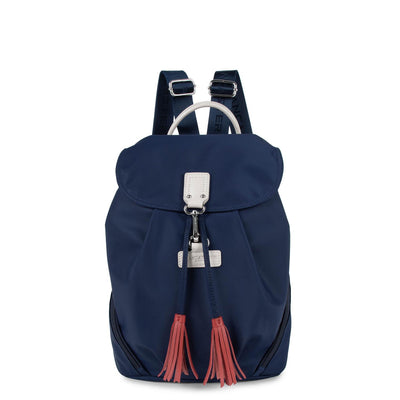 sac à dos - basic pompon #couleur_bleu-fonc-beige-rouge