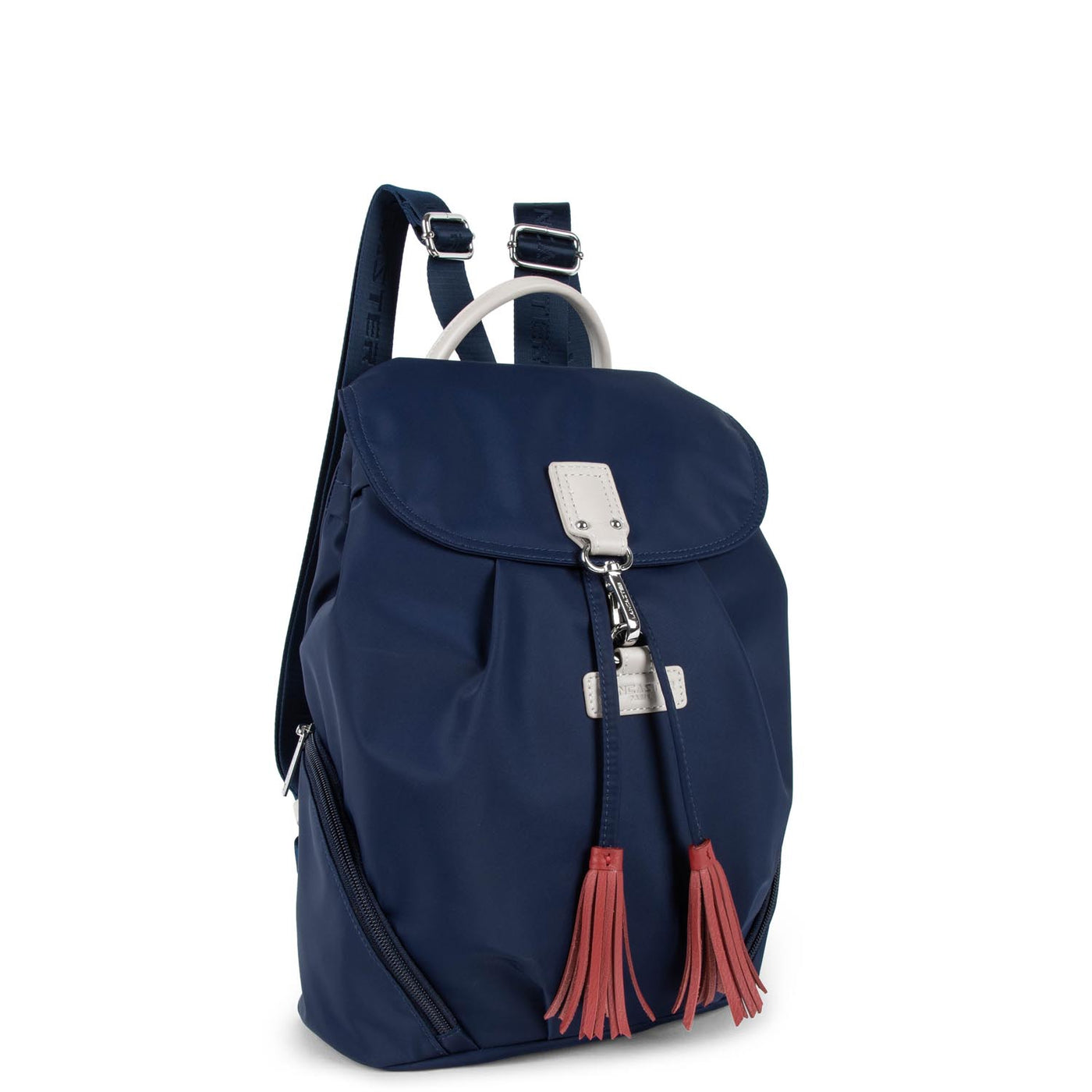 sac à dos - basic pompon #couleur_bleu-fonc-beige-rouge